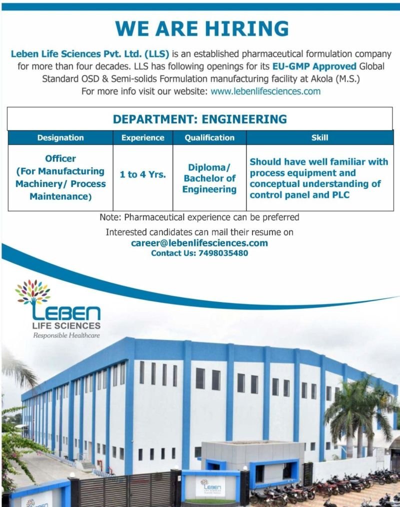 Leben Life Sciences Hiring Engineering Officer 2026 | Pharma Jobs in Akola (1–4 Years Experience)