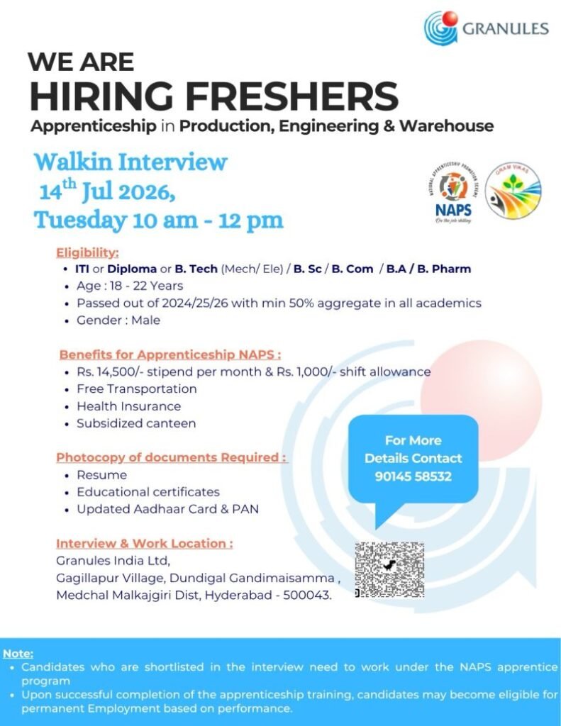 Granules India Walk-In Interview 2026: Apprenticeship Jobs for Freshers in Hyderabad