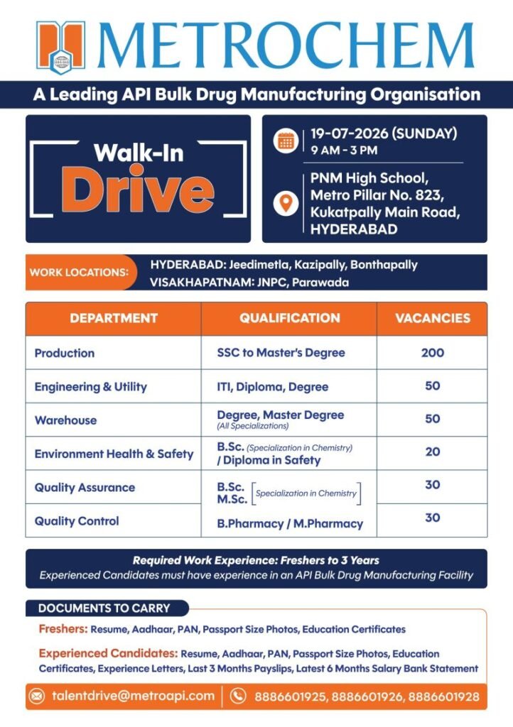 Metrochem Walk-In Drive 2026: 350+ Openings for Freshers & Experienced in API Manufacturing