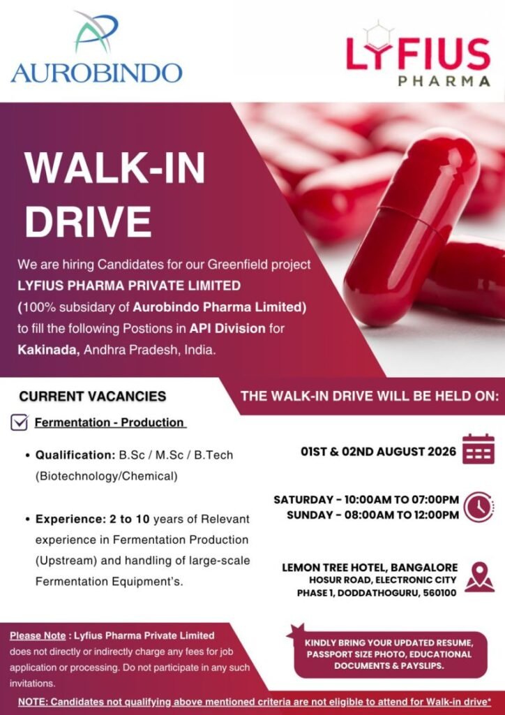 Lyfius Pharma Walk-In Drive 2026 | Fermentation Production Jobs (Aurobindo)