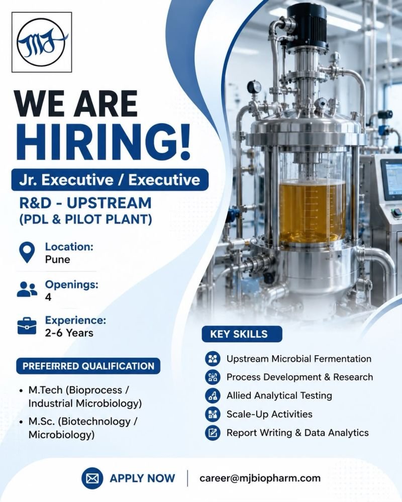MJ Biopharm Hiring R&D Upstream Executive in Pune | Apply Now