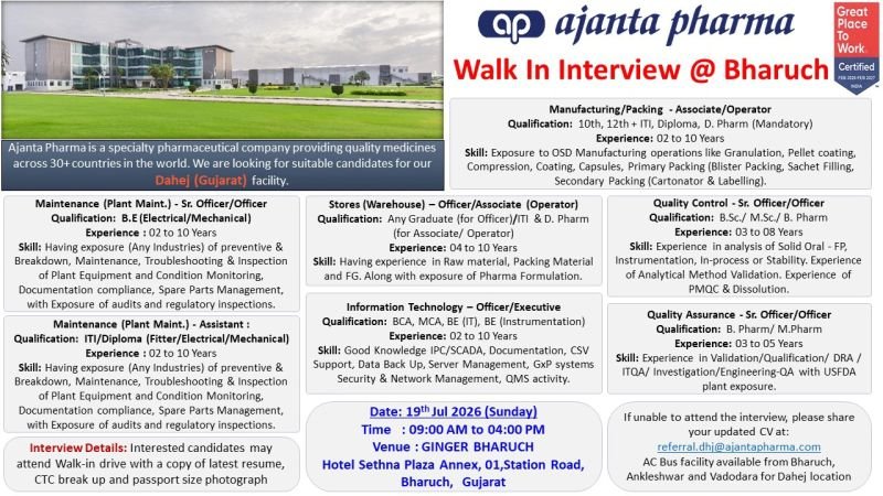 Ajanta Pharma Walk-In Interview 2026 in Gujarat | QA, QC & Production Jobs