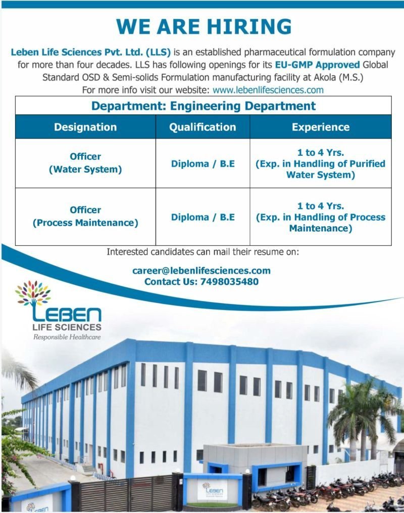 Leben Life Sciences Hiring Engineering Officers 2026 | Pharma Jobs in Akola
