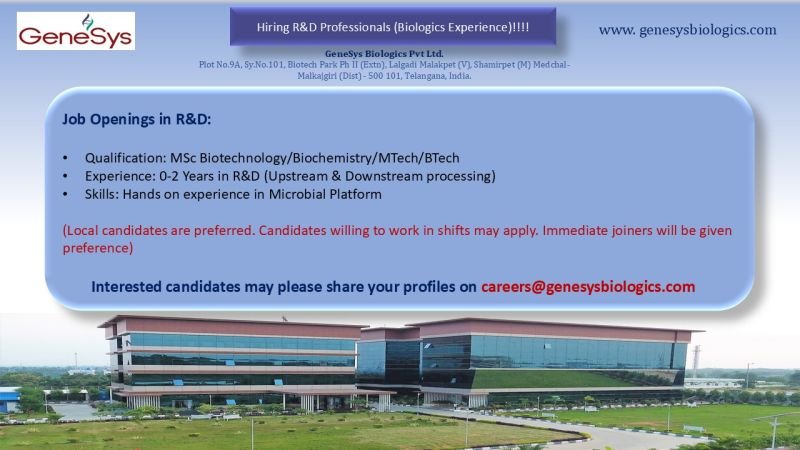 GeneSys Biologics R&D Jobs Telangana
