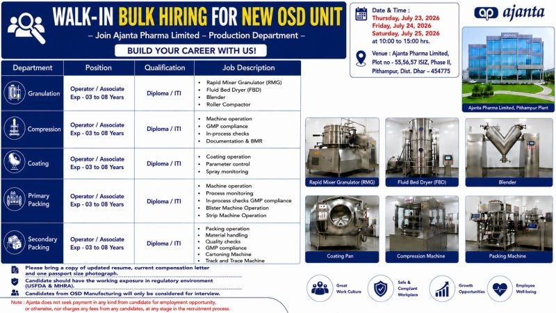 Ajanta Pharma Walk-in Jobs 2026
