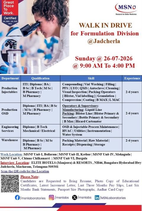 MSN Laboratories Walk-in 2026 | Formulation Jobs (Production, QA, QC) in Jadcherla