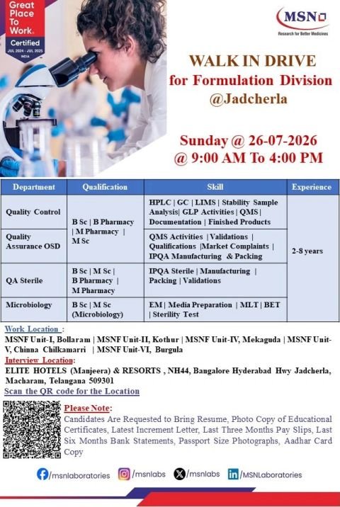 MSN Laboratories Walk-in 2026 | Formulation Jobs (Production, QA, QC) in Jadcherla