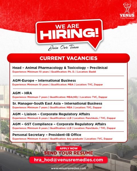 Venus Remedies Jobs 2026