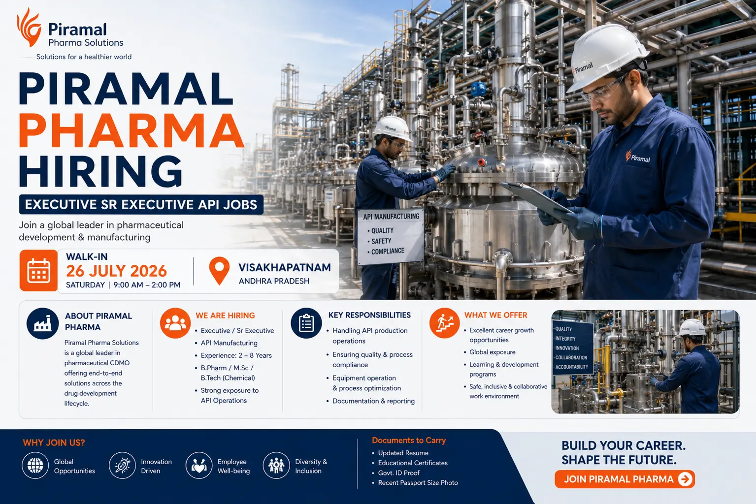 Piramal Pharma Walk-in 2026 | Executive & Sr Executive API Jobs in Visakhapatnam