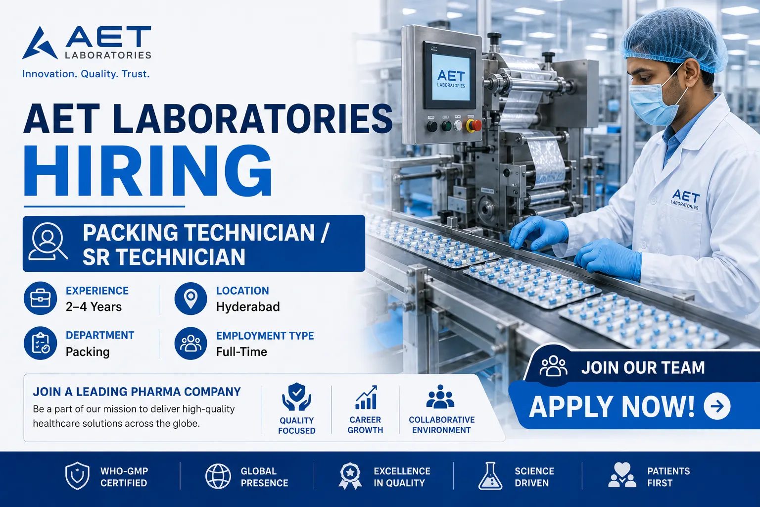 AET Laboratories Hiring Packing Technician & Sr. Technician