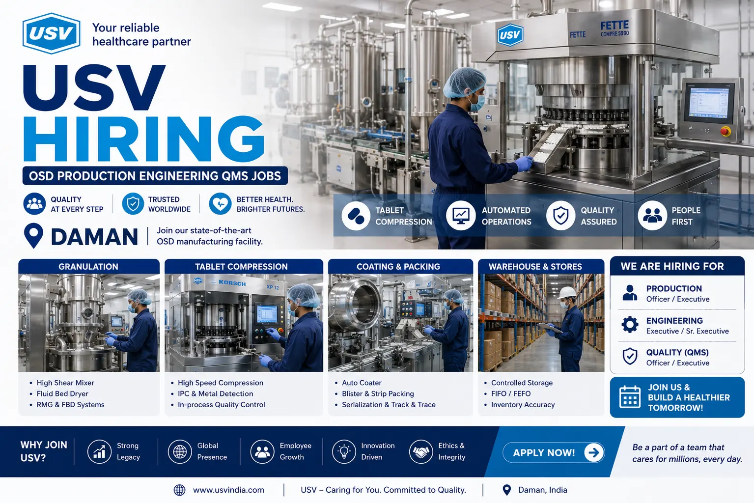 USV Pvt Ltd Hiring 2026 | OSD Production, Engineering & QMS Jobs in Daman