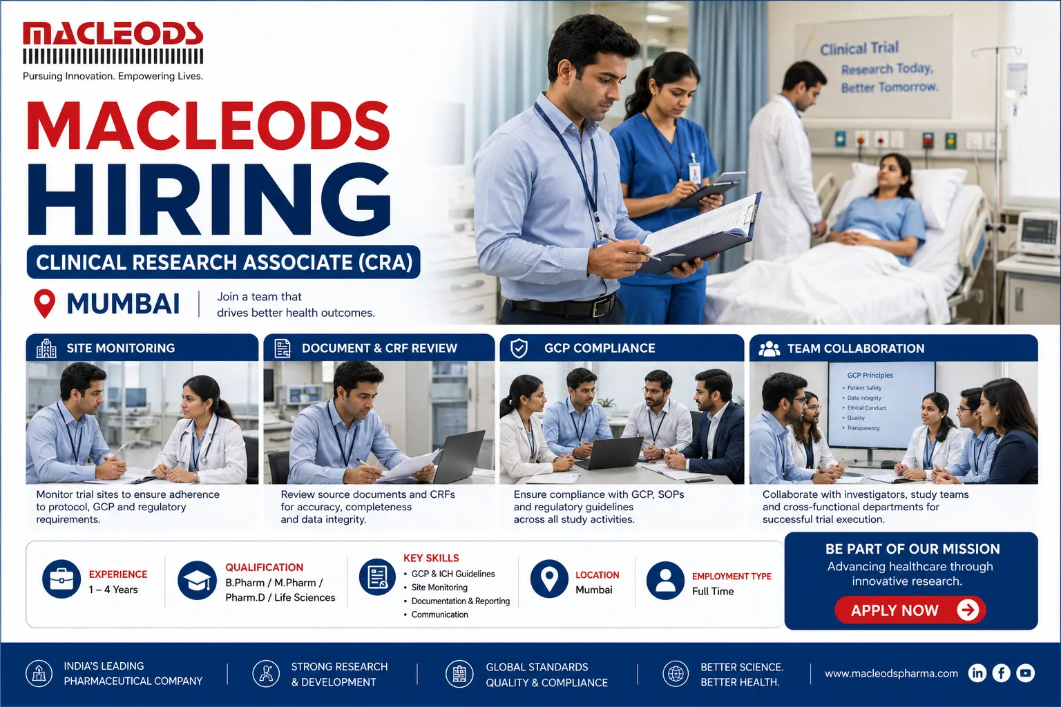 Macleods Pharma Hiring 2026: Clinical Research Associate (CRA) Jobs in Mumbai (Apply via Email)
