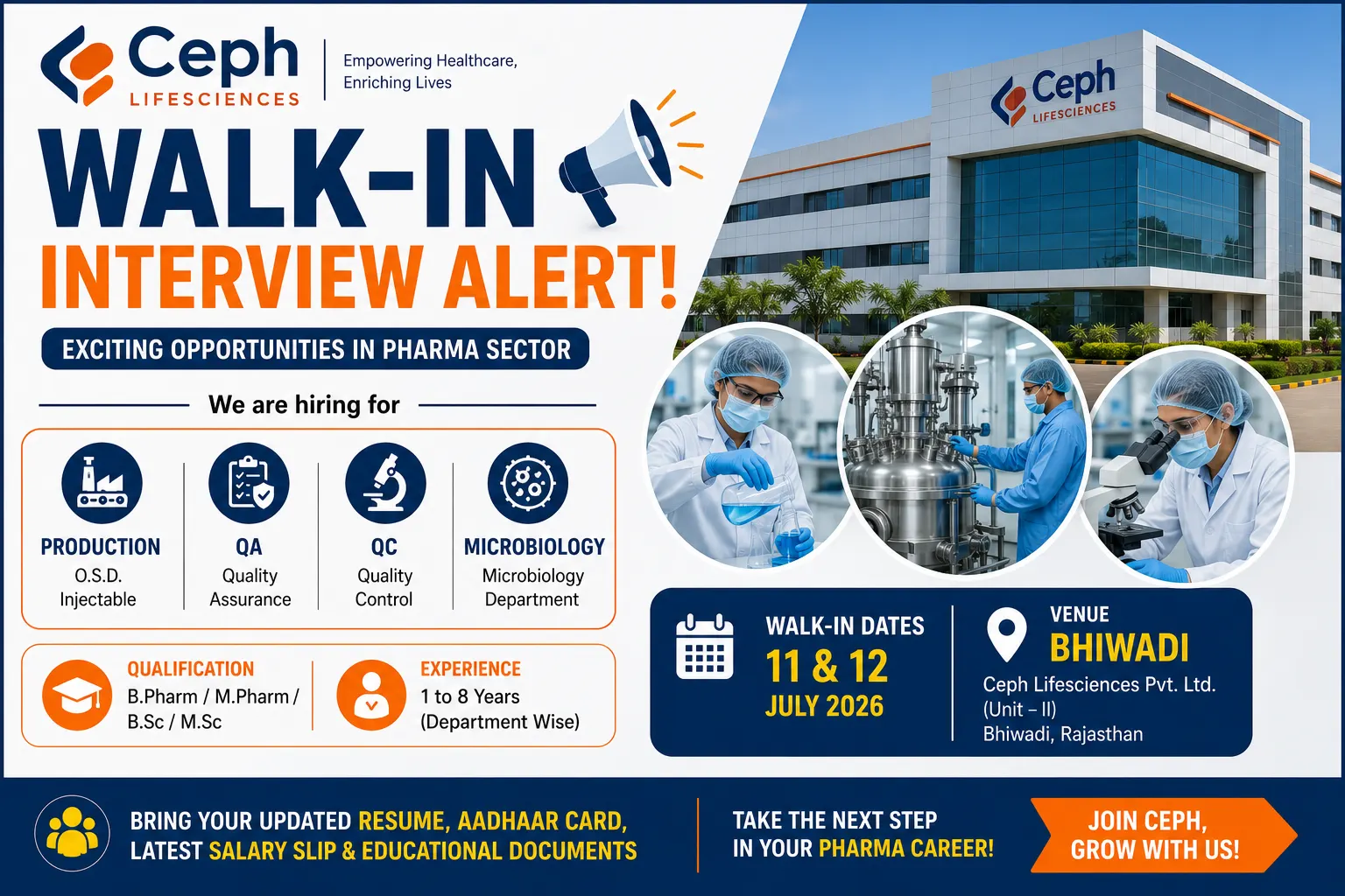 Ceph Lifesciences Walk-in Interview 2026 | Pharma Jobs for QA, QC, Production (11–12 July)