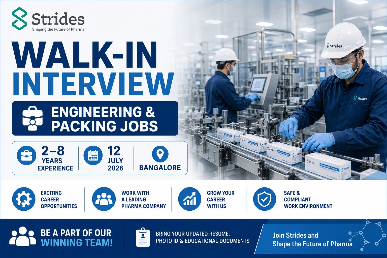 Strides Walk-In Interview 2026 | Engineering & Packing Jobs in Bangalore (2–8 Years)