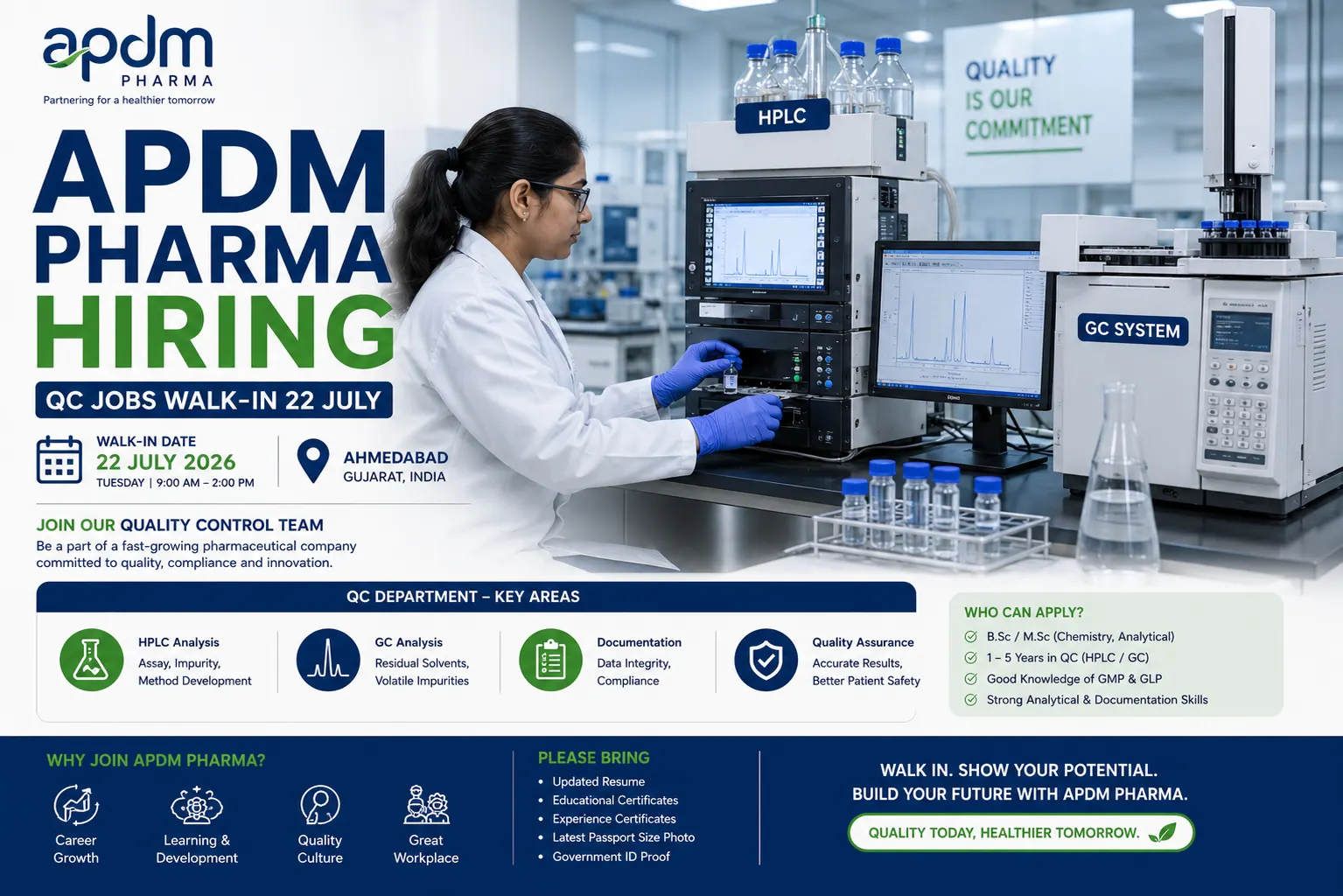 APDM Pharmaceuticals Walk-in 2026 | QC Jobs in Ahmedabad (HPLC, GC Roles)