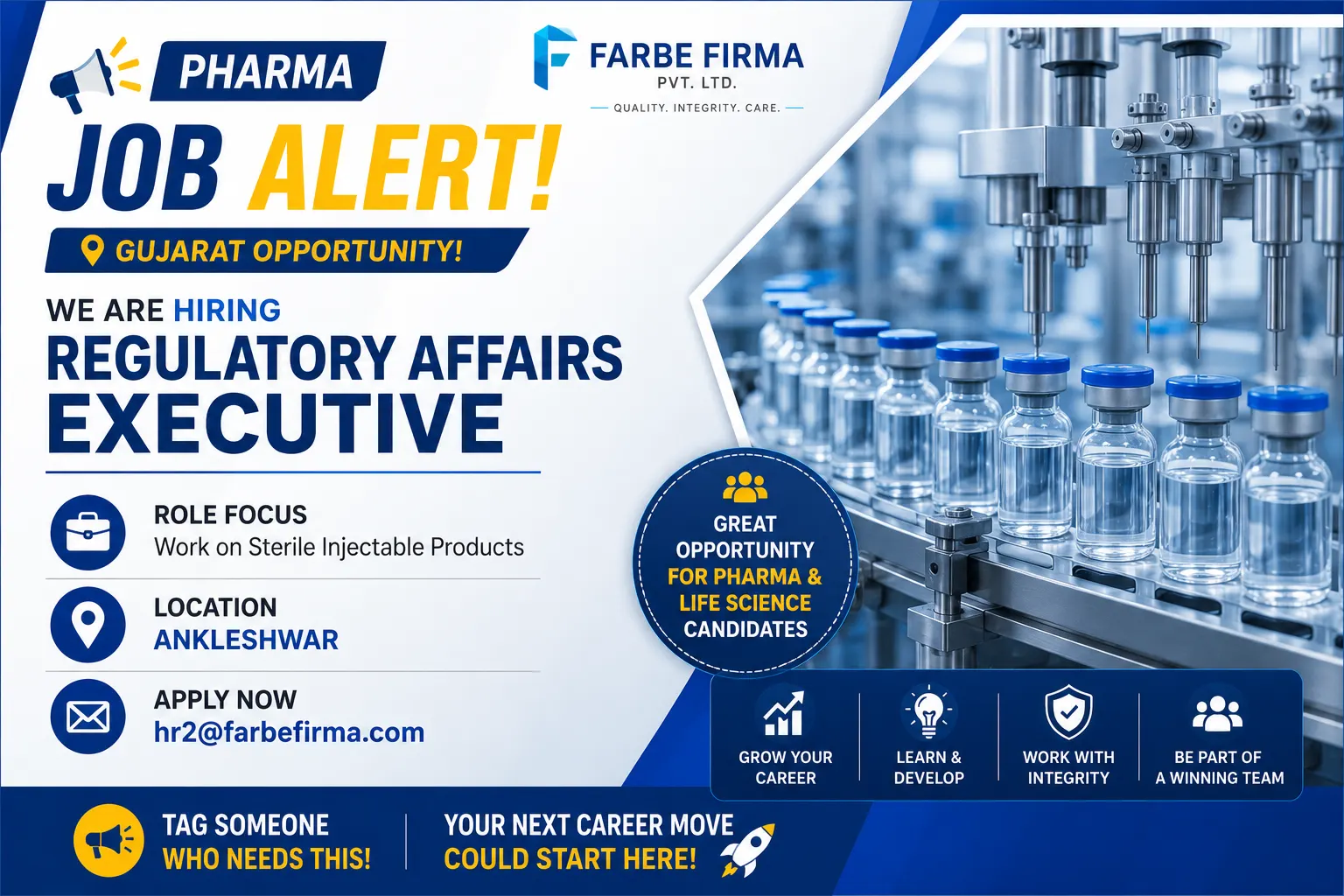 Regulatory Affairs Executive Job in Ankleshwar | Farbe Firma Pharma Hiring 2026
