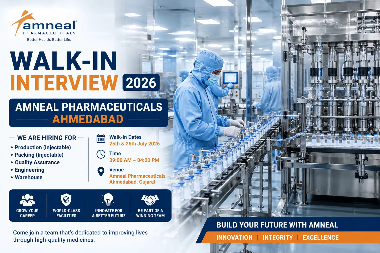 Amneal Pharmaceuticals Walk-in Interview 2026: Injectables Production Jobs in Ahmedabad (0–7 Years)