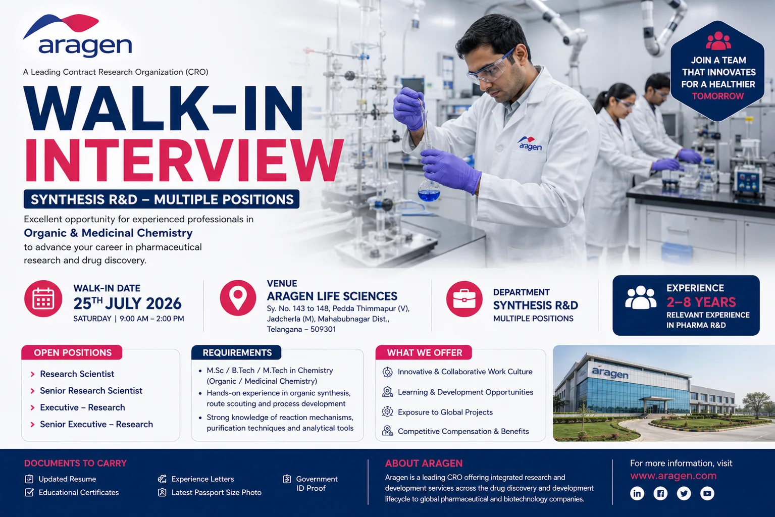 Aragen Walk-In Interview 2026: Synthesis R&D Jobs for M.Sc Chemistry in Hyderabad