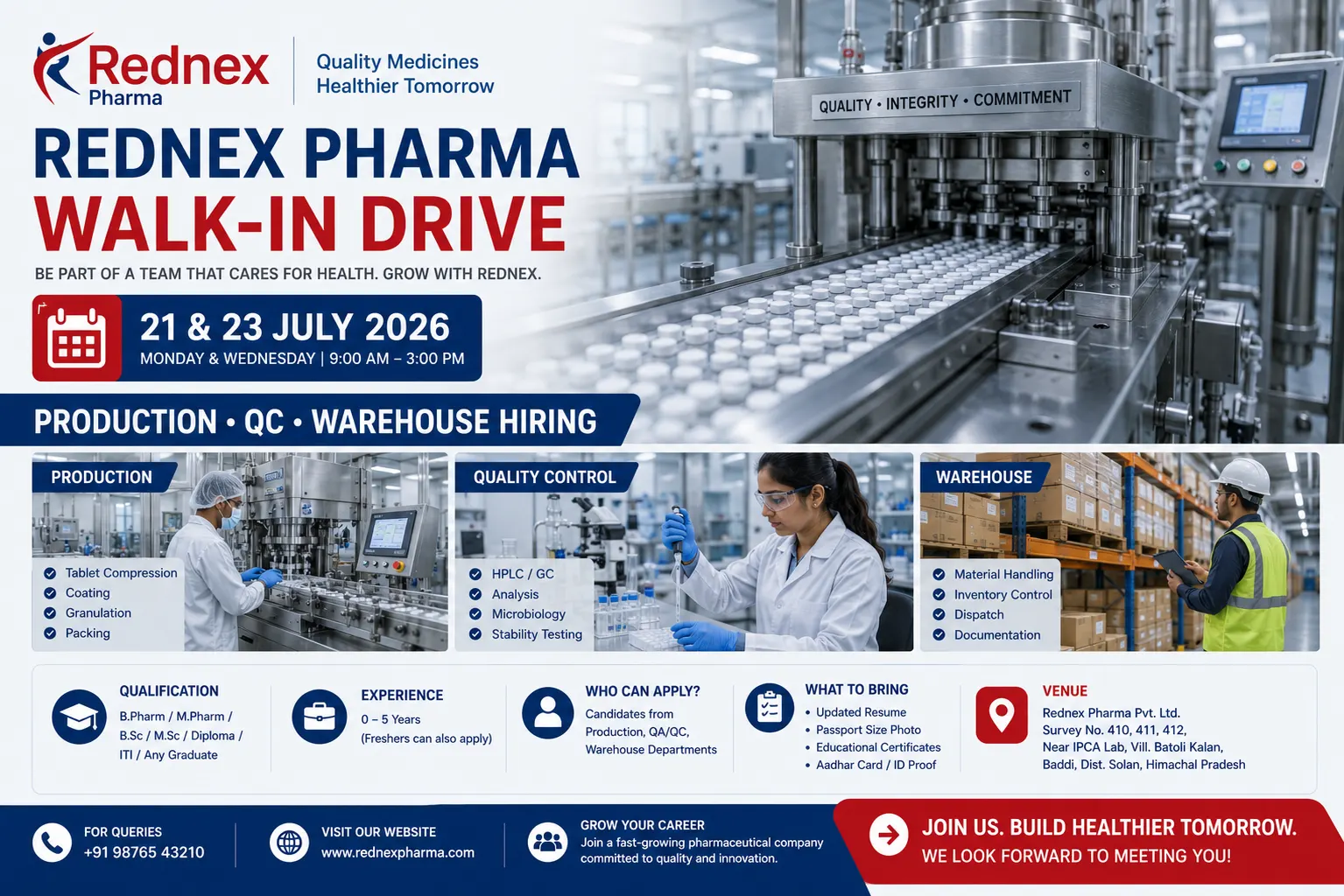 Rednex Pharmaceuticals Walk-In Interview 2026 | Production, QC & Warehouse Jobs Ahmedabad