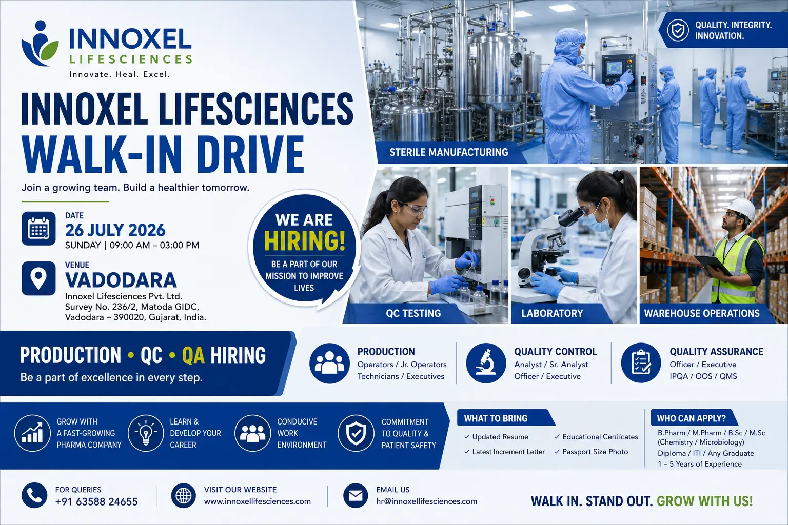 Innoxel Lifesciences Walk-in Interview 2026 | Production QC QA Jobs Vadodara