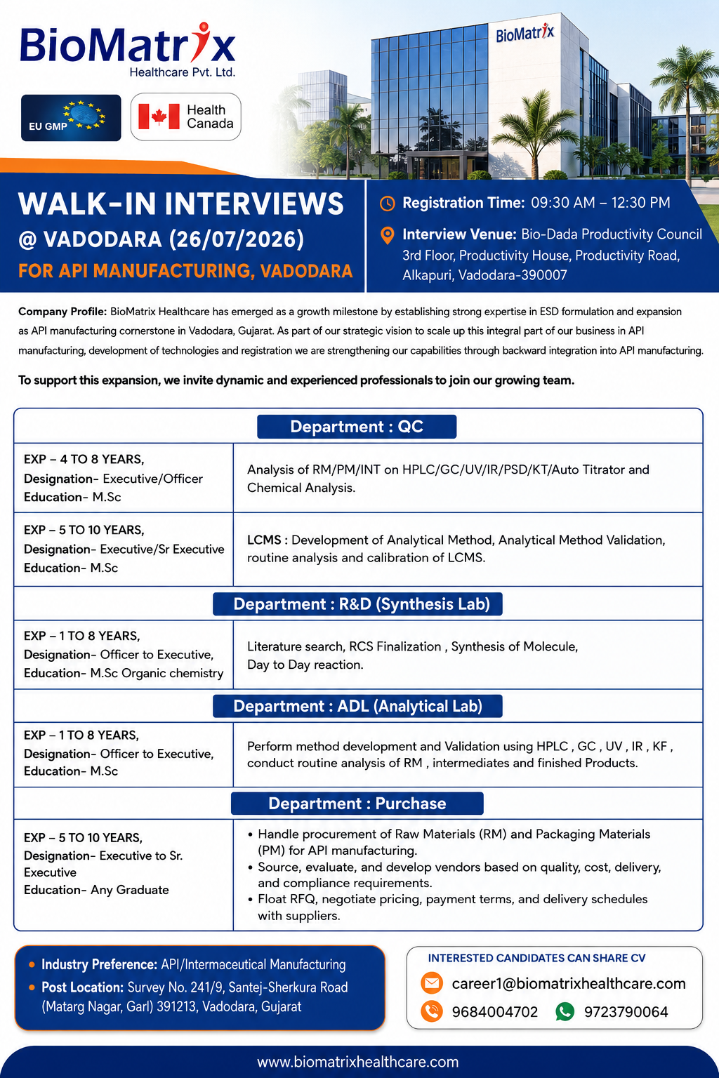 BioMatrix Pharma Walk-in Jobs 2026