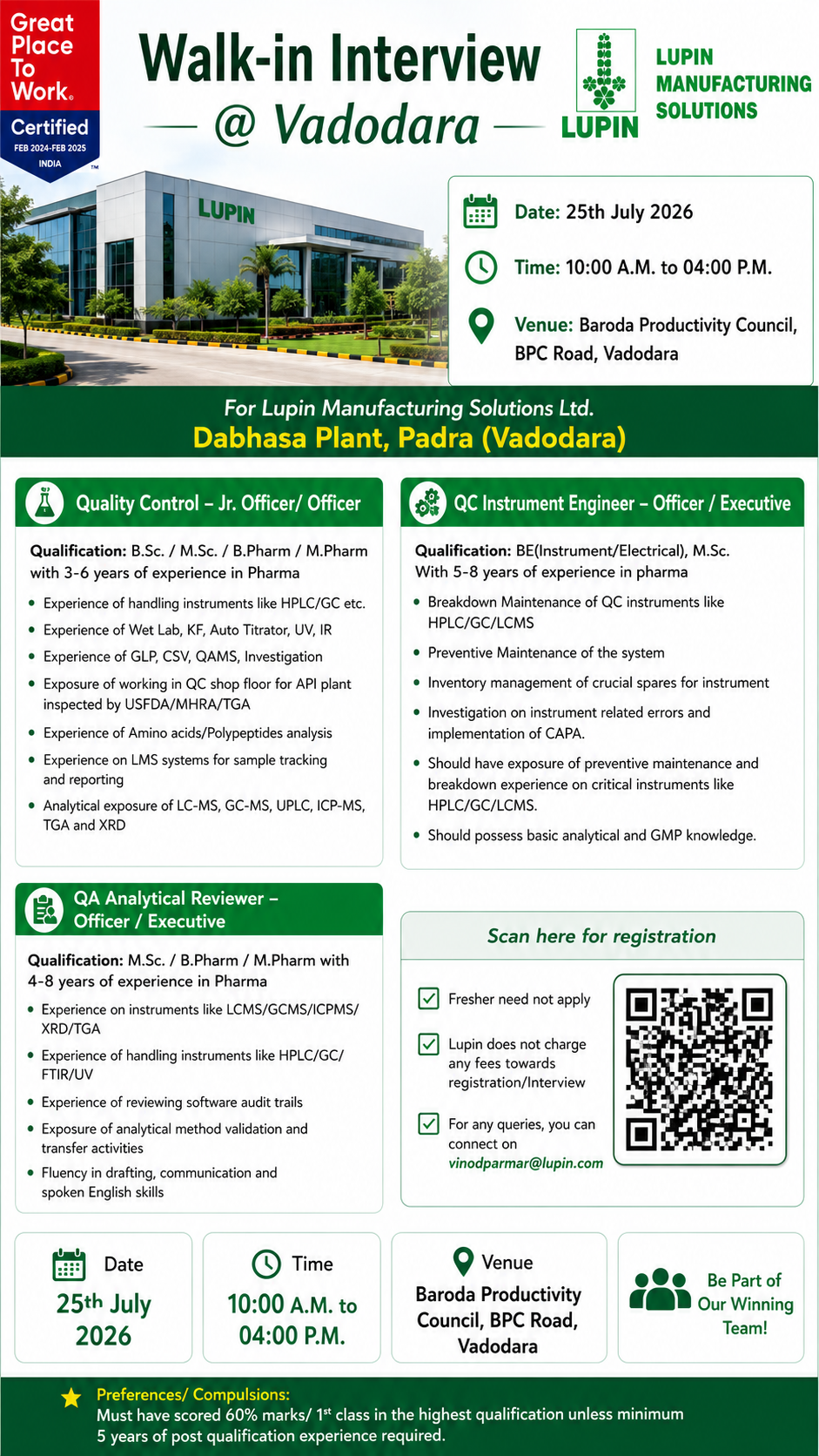 Lupin Walk-in 2026 Vadodara