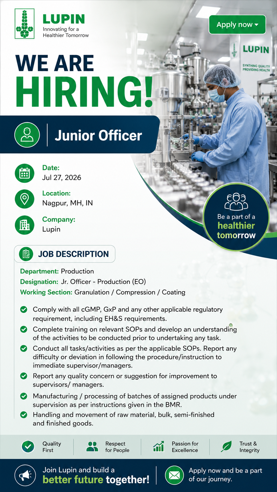 Lupin Junior Officer Production Jobs 2026