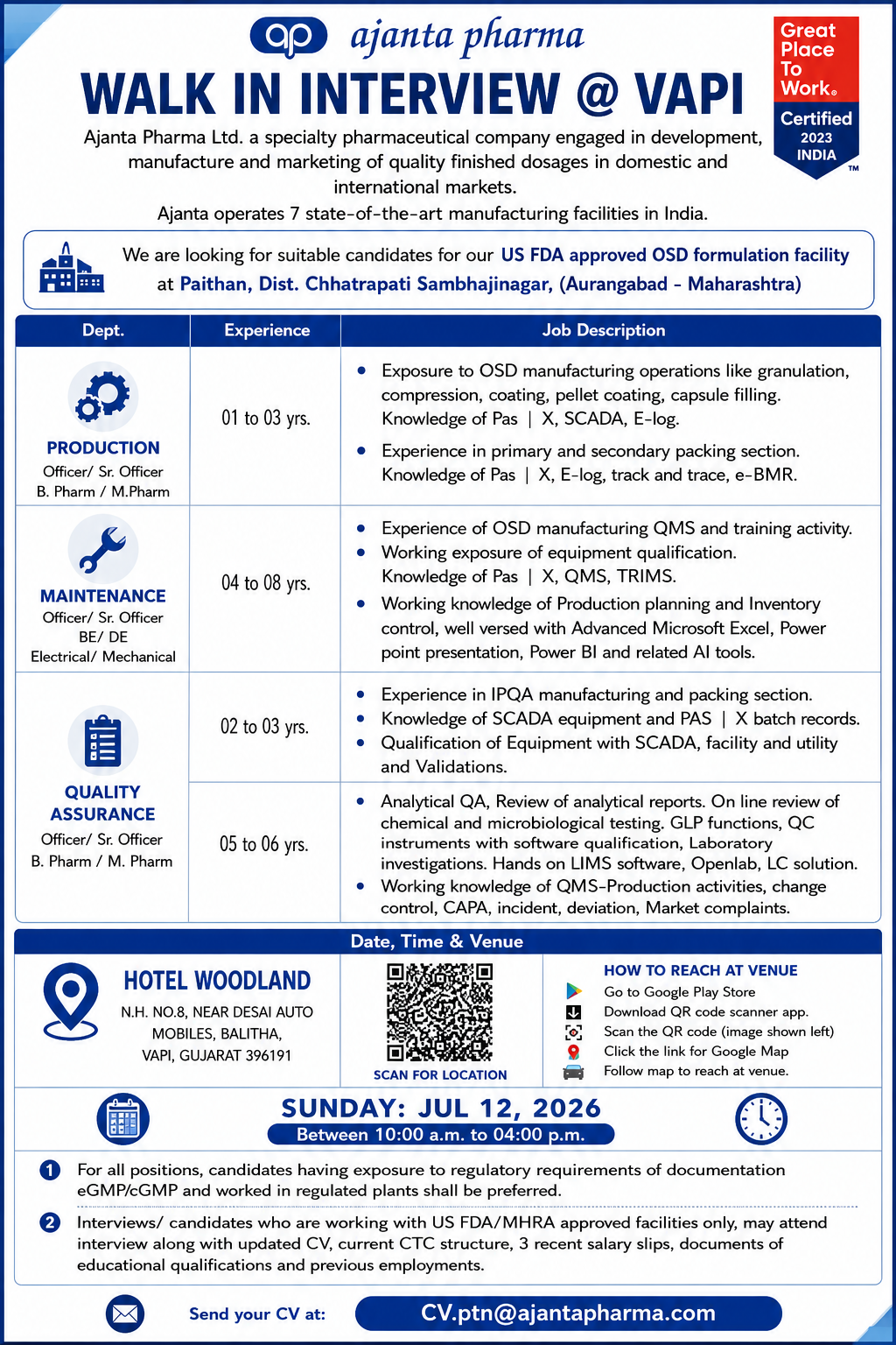 Ajanta Pharma Walk-In Interview 2026