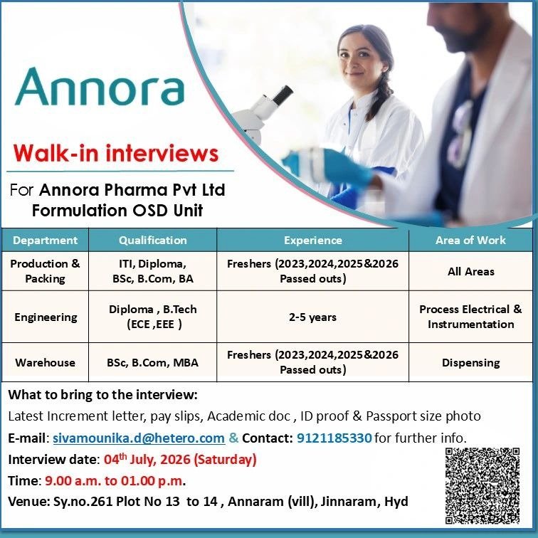 Annora Pharma Walk-in Interview 2026