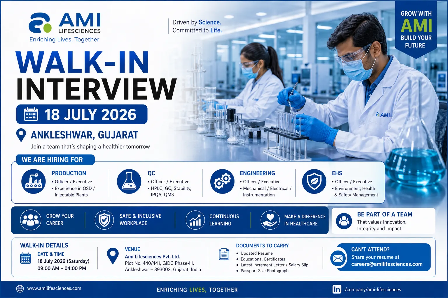 Ami Lifesciences Walk-In Interview 2026 – Pharma Jobs in Gujarat | Production, QC & Engineering Roles