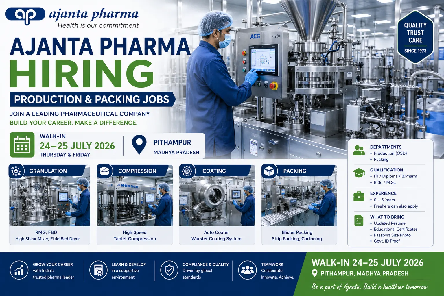 Ajanta Pharma Walk-in 2026 | Production & Packing Jobs in Pithampur (OSD Hiring)
