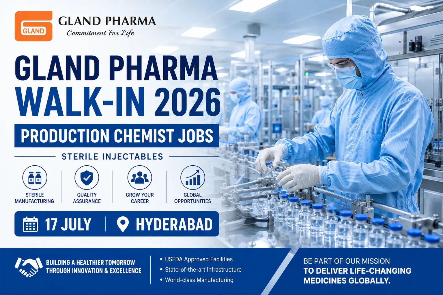Gland Pharma Walk-In Interview 2026: Production Chemist Jobs in Hyderabad