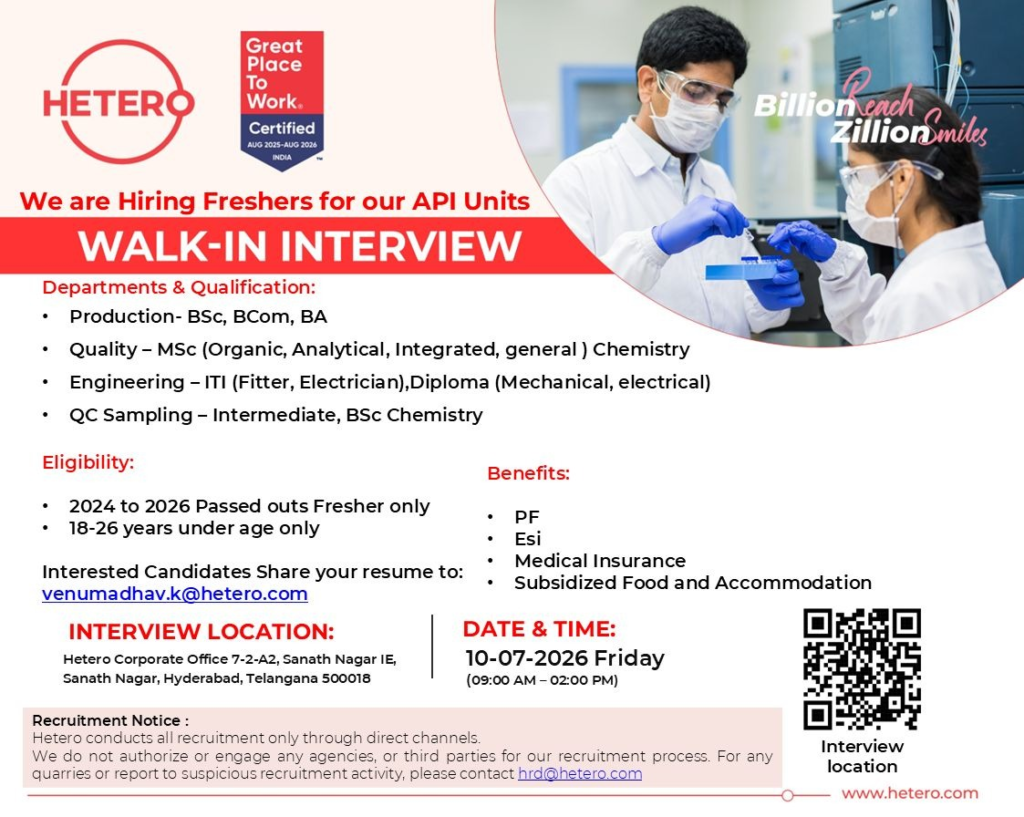 Hetero Walk-in Interview for Freshers 2026 | Pharma Jobs in Hyderabad (10 July)