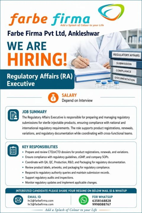 Regulatory Affairs Executive Job in Ankleshwar | Farbe Firma Pharma Hiring 2026