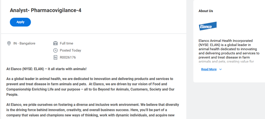 Elanco Hiring Pharmacovigilance Analyst in Bangalore 2026 | Freshers & Vets Apply (0–2 Years)