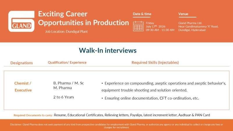 Gland Pharma Production Jobs 2026