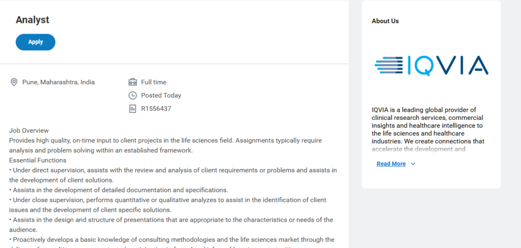 IQVIA Analyst Job 2026: Life Sciences Consulting Role in Pune