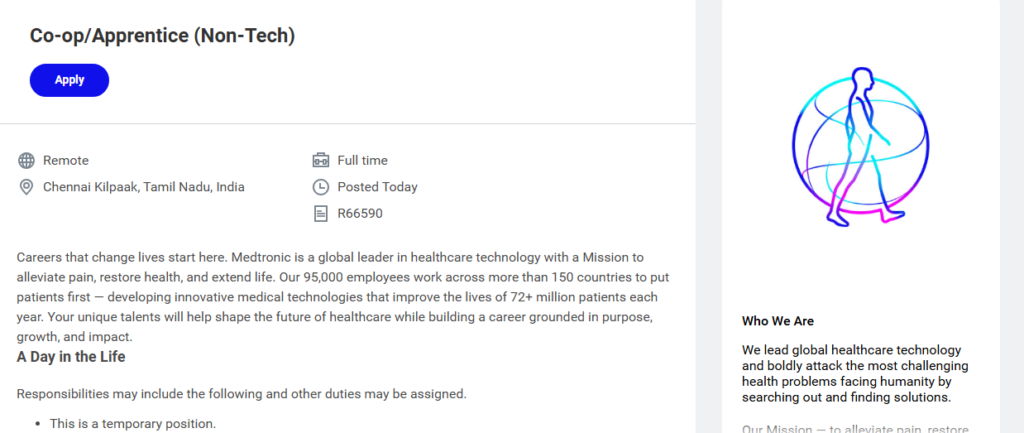 Medtronic Apprentice Job 2026 | Co-op Non-Tech Role Chennai