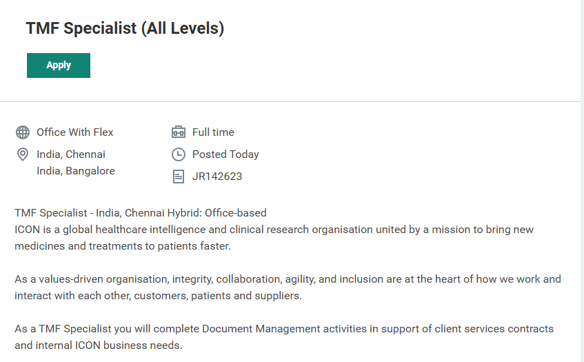 ICON TMF Specialist Jobs 2026