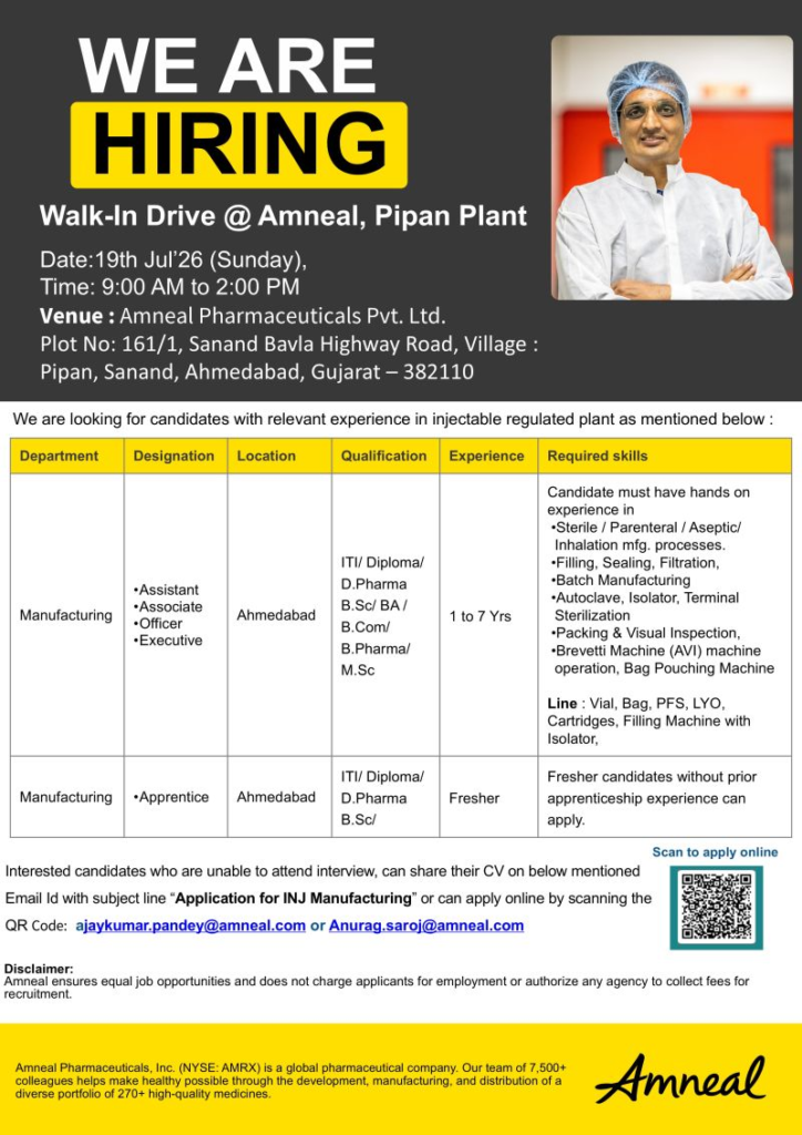 Amneal Pharmaceuticals Walk-in Interview 2026: Injectables Production Jobs in Ahmedabad (0–7 Years)