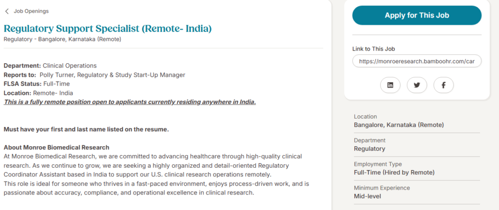 Monroe Biomedical Research Hiring Regulatory Support Specialist Remote India 2026
