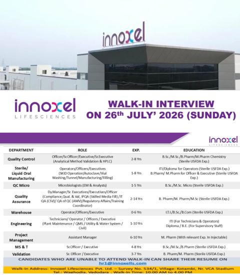 Innoxel Lifesciences Walk-in Interview 2026 | Production QC QA Jobs Vadodara