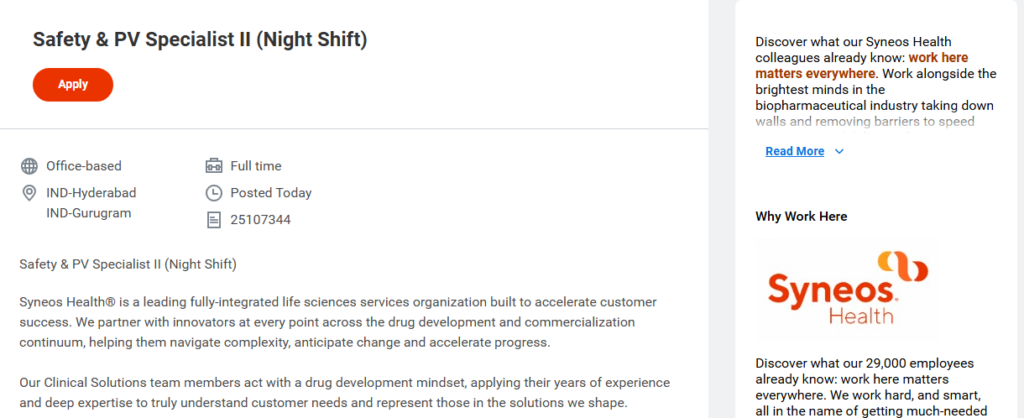 Syneos Health PV Jobs Hyderabad
