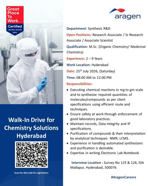 Aragen Walk-In Interview 2026: Synthesis R&D Jobs for M.Sc Chemistry in Hyderabad
