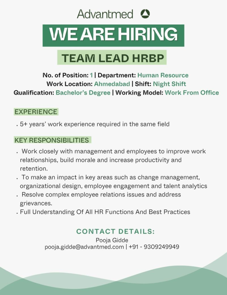 Advantmed Team Lead HRBP Job Ahmedabad 2026 (Night Shift) | Apply Now