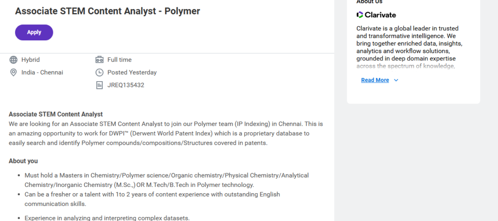 Clarivate Careers 2026: Polymer Analyst Job in Chennai