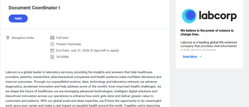 Labcorp Careers 2026: Document Coordinator Job in Bangalore