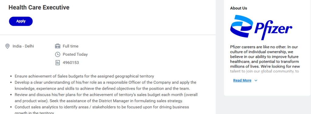 Pfizer Hiring Health Care Executive in Delhi