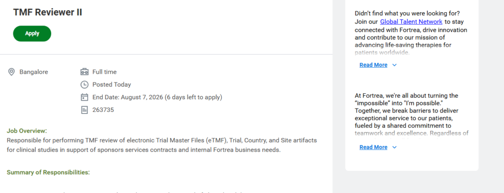 Fortrea Hiring TMF Reviewer