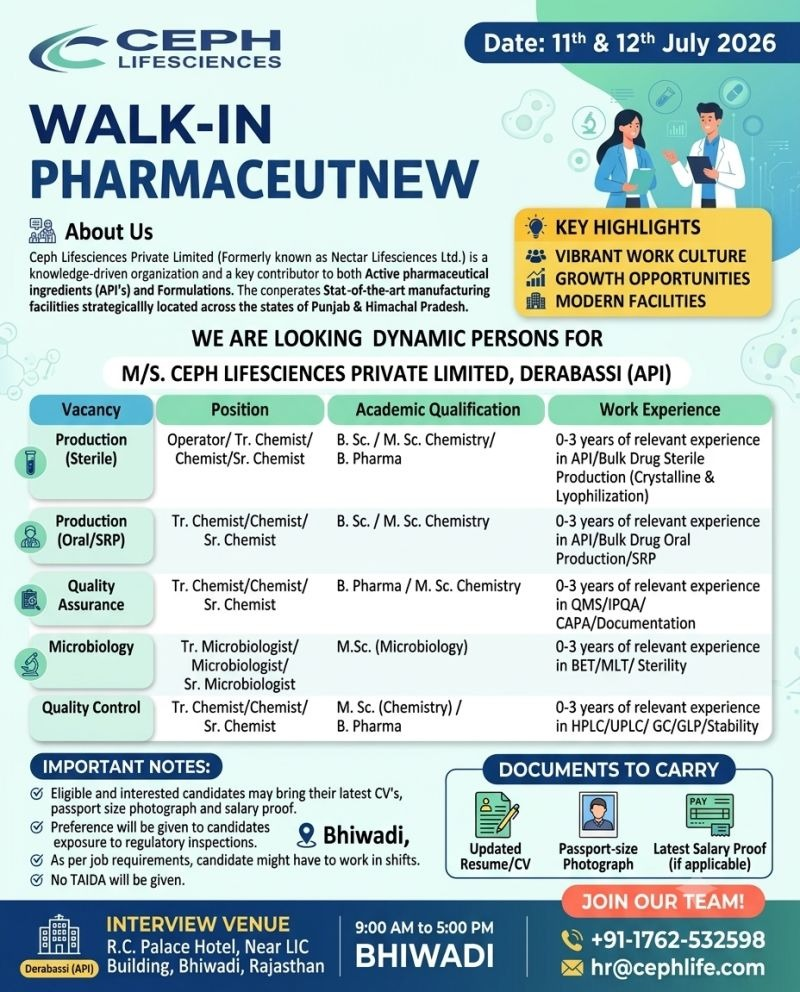 Ceph Lifesciences Walk-in Interview 2026 | Pharma Jobs for QA, QC, Production (11–12 July)